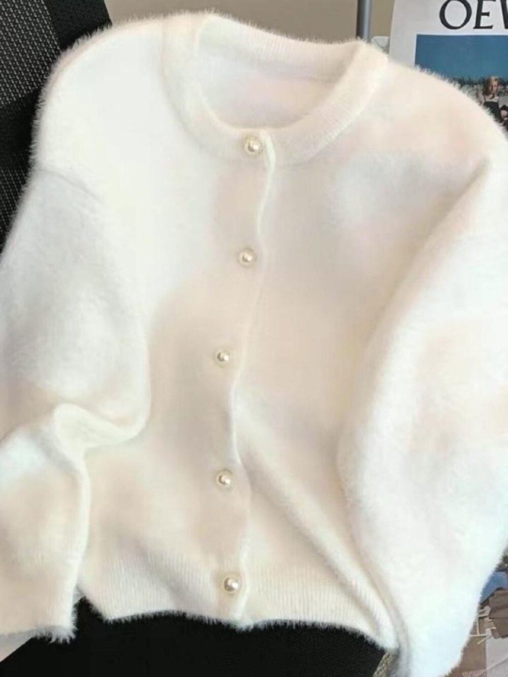 White Fuzzy Pearl Button Cardigan XS